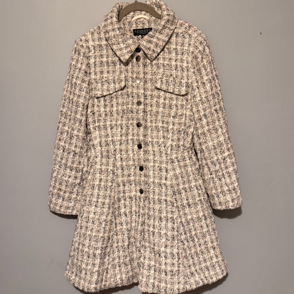 Laundry by Shelli Segal Bouclé Tweed A-Line Coat – Cream Black Chanel-Style